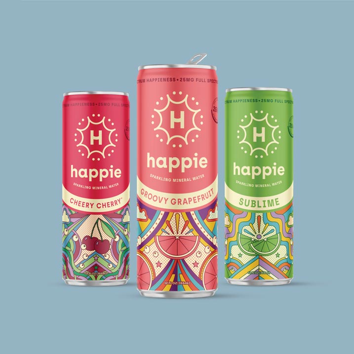 Three Happie sparkling mineral water cans on blue background