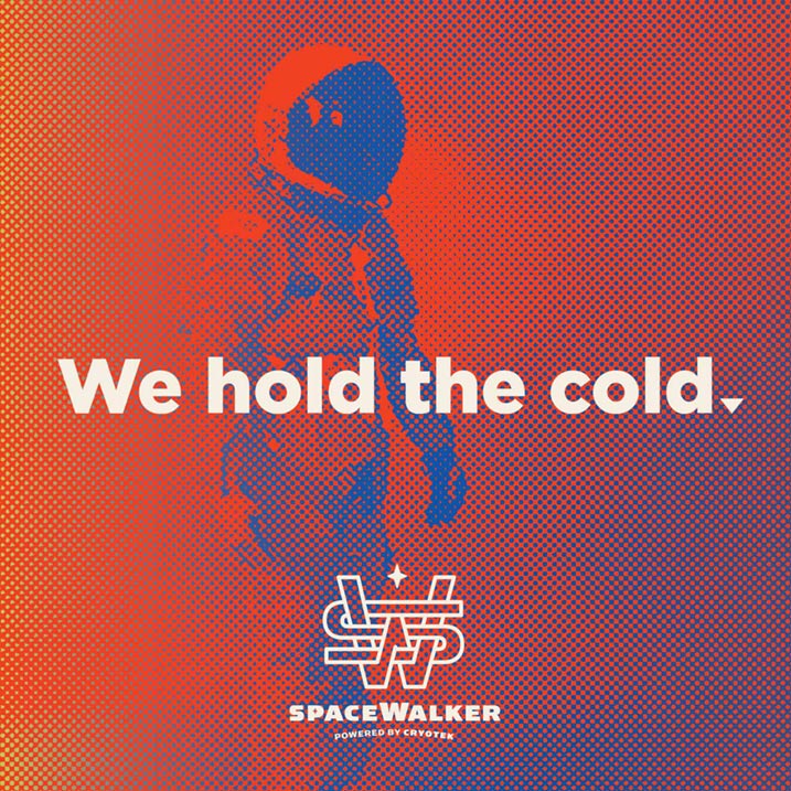 SpaceWalker stylized halftone image of astronaut with logo and text overlay. "We hold the cold"